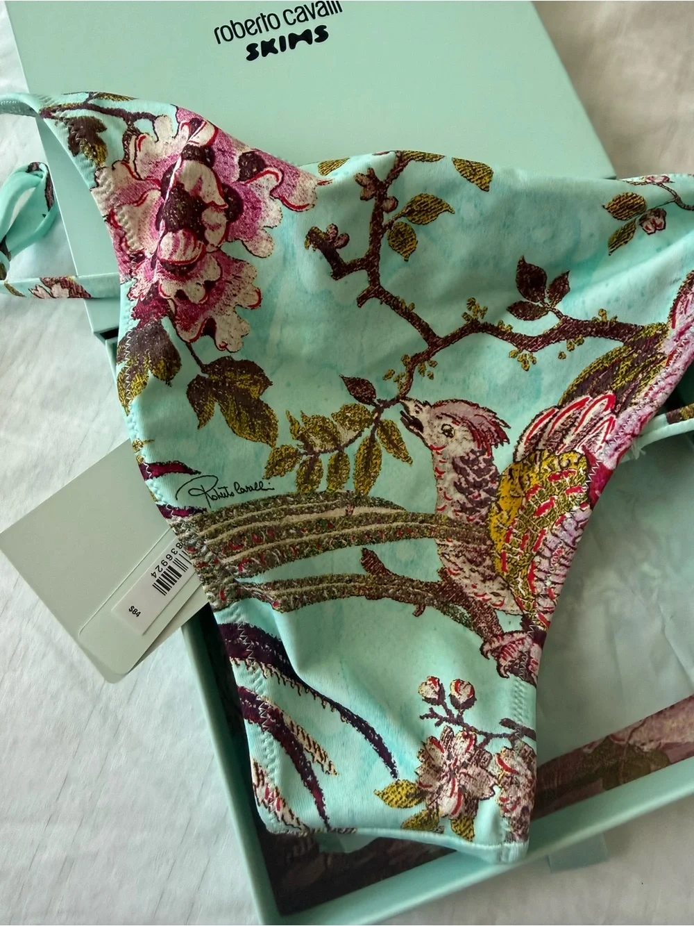 SKIMS Aqua Floral Print Bikini Bottom with Bird Motif